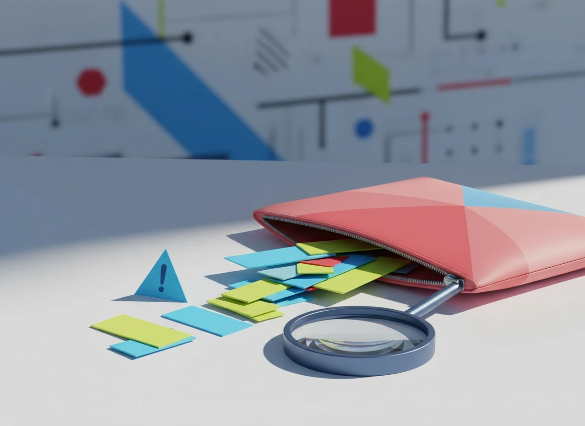 A zip pouch and warning tag under a magnifying glass, highlighting hidden risks in untrusted downloads – malware risk